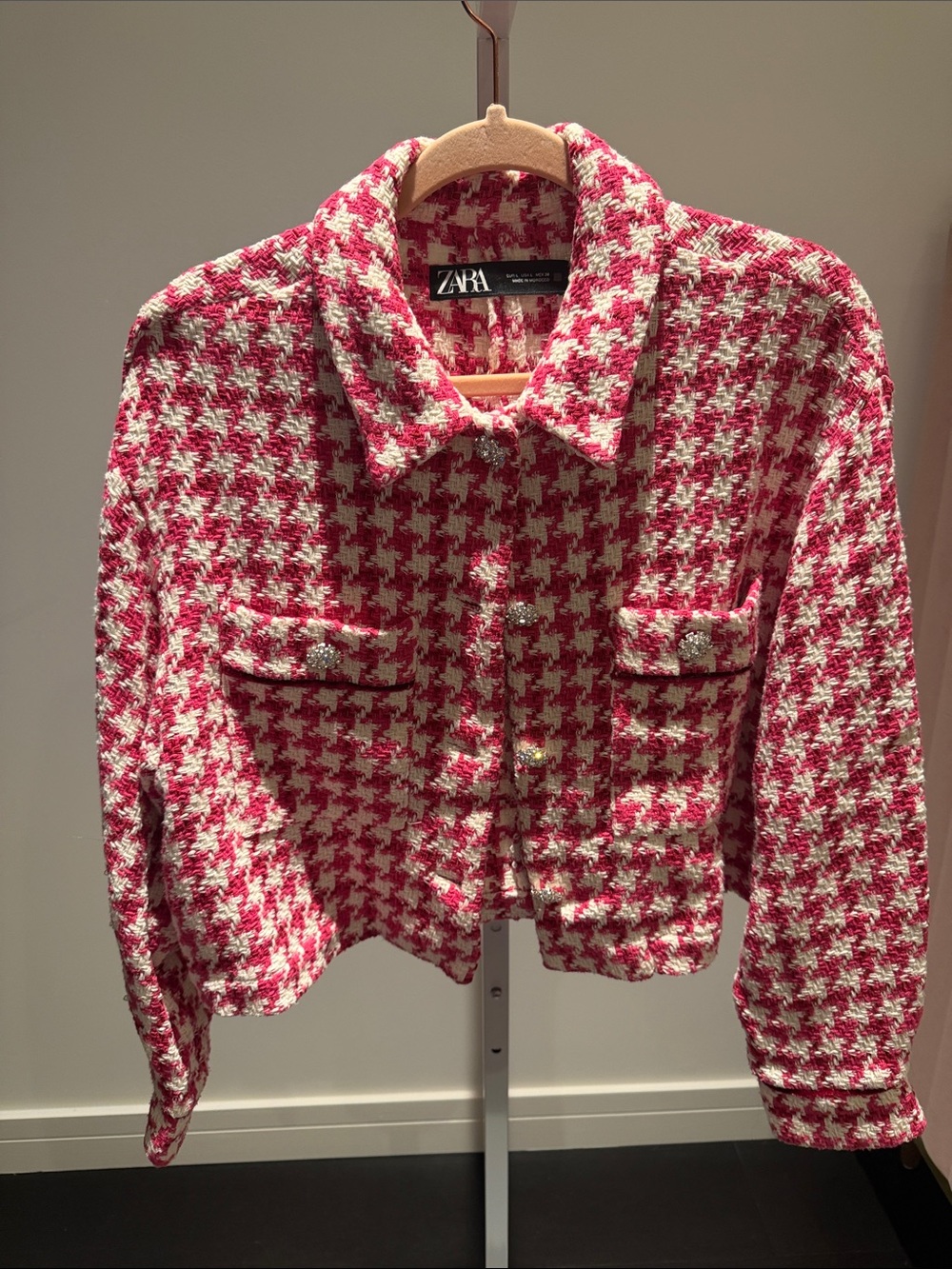 Zara pink & White Houndstooth Tweed Blazer Jacket